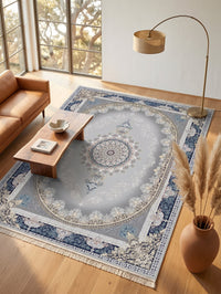 Navy-Border Silver Oval Medallion Persian Rug · 1200 Reeds — size 8.2x11.5 Feet (250x350 cm) 9Meters shown to scale in a living room — Stylish Rugs & Carpets, Sacramento