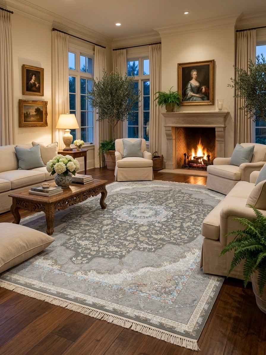Gray Floral Persian Rug rug styled in a Sacramento home — Stylish Rugs & Carpets