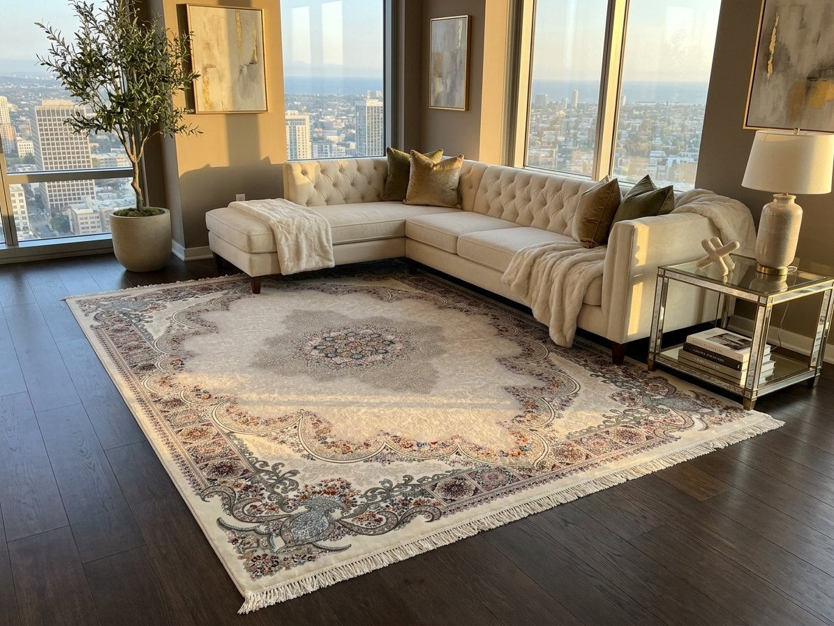 Cream Medallion Persian Rug · 1200 Reeds rug styled in a Sacramento home — Stylish Rugs & Carpets
