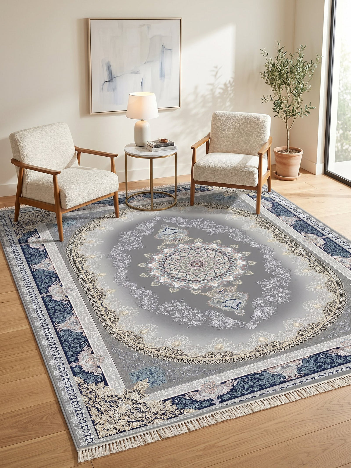 Navy-Border Oval Medallion Persian Rug · 1200 Reeds — size 3x6Feet (91x200cm)  2Meters Runner shown to scale in a living room — Stylish Rugs & Carpets, Sacramento