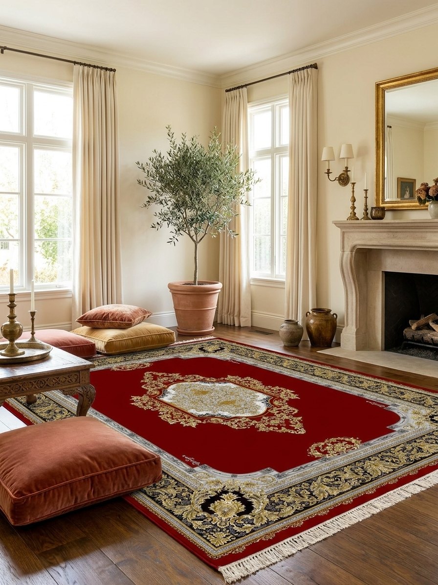 Red & Gold Medallion Shah Persian Rug rug styled in a Sacramento home — Stylish Rugs & Carpets