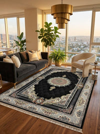 Black & Gold Floral Turkish Rug rug styled in a Sacramento home — Stylish Rugs & Carpets