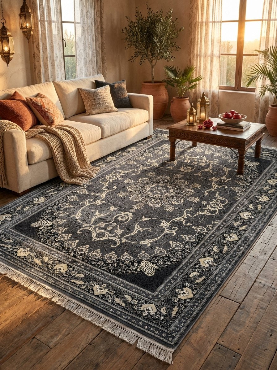 Gray Persian Design Rug — 1200 Reeds — area rug styled in a room, Stylish Rugs & Carpets, Sacramento