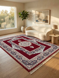 Red Medallion Persian Rug · 1200 Reeds — size 10x13 Feet (300x400 cm) 12Meters shown to scale in a living room — Stylish Rugs & Carpets, Sacramento
