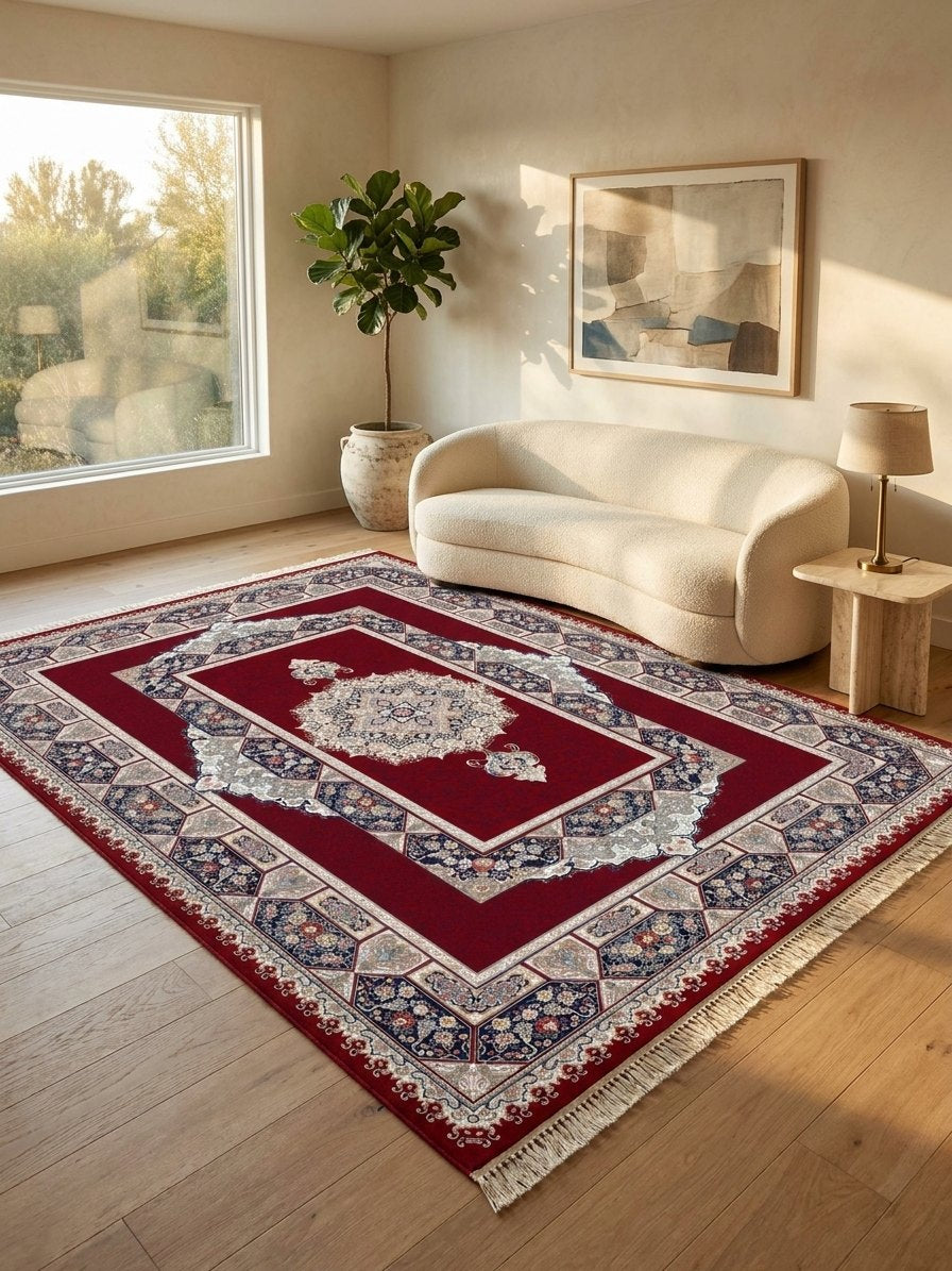 Red Medallion Persian Rug · 1200 Reeds — size 10x13 Feet (300x400 cm) 12Meters shown to scale in a living room — Stylish Rugs & Carpets, Sacramento