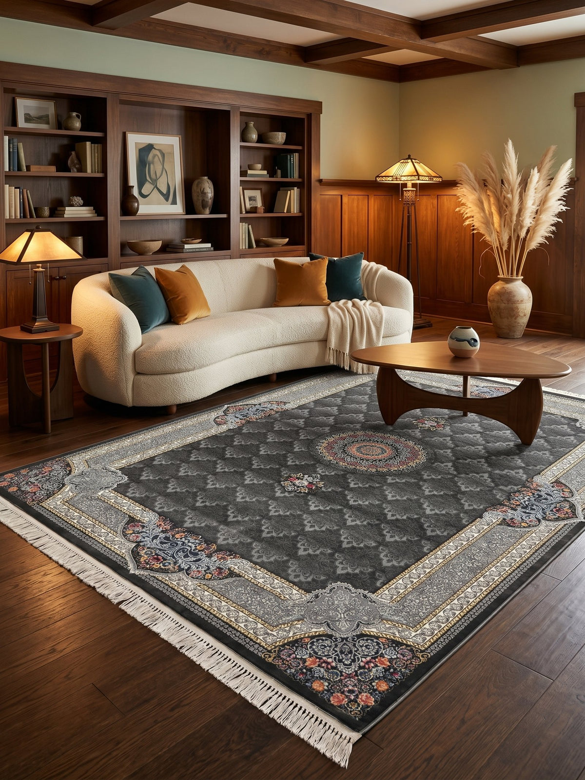 Dark Gray Central Medallion Persian Rug · 1200 Reeds styled in a room — Stylish Rugs & Carpets, Sacramento
