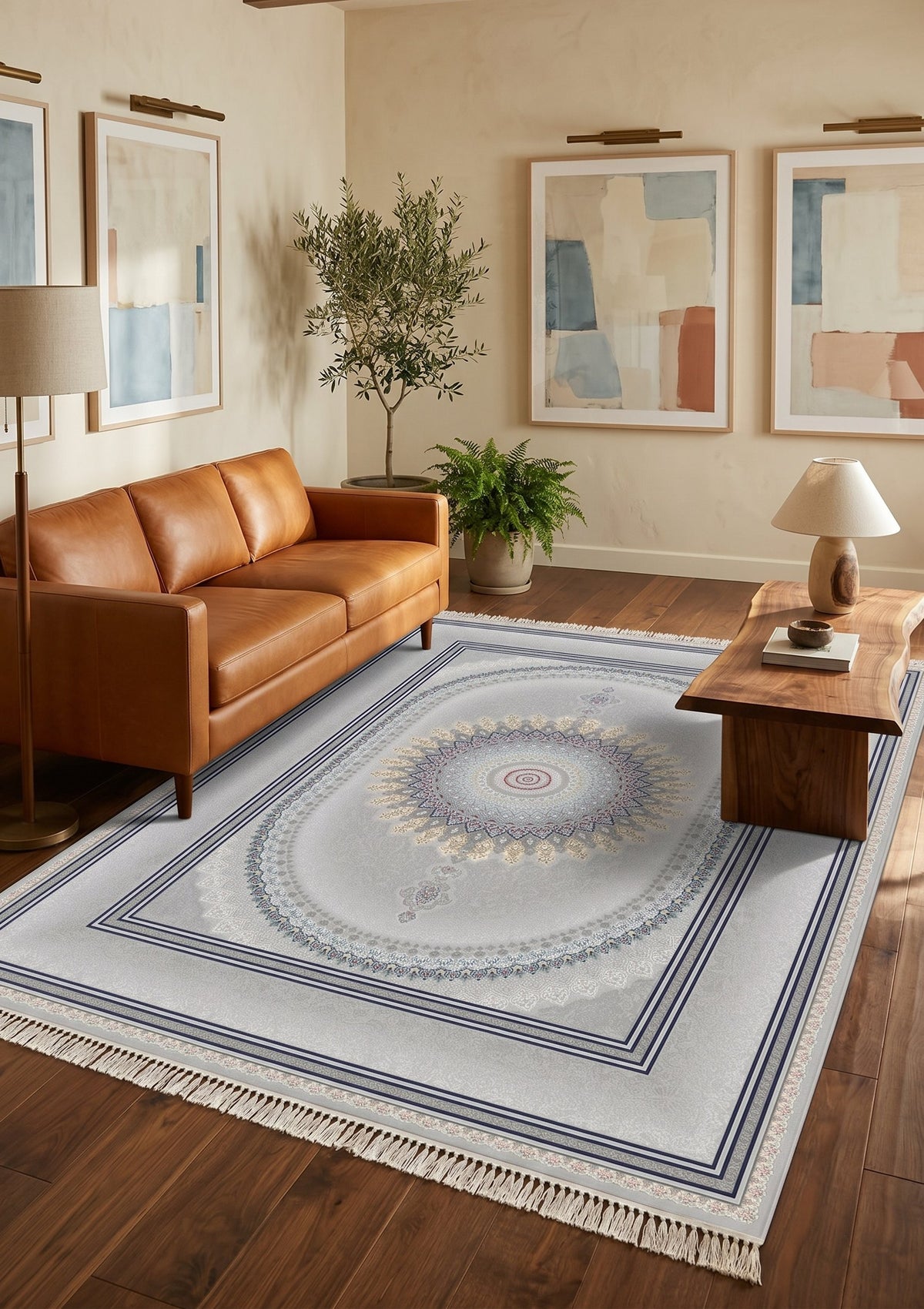 Light Gray Oval Medallion Persian Rug · 1200 Reeds styled in a room — Stylish Rugs & Carpets, Sacramento