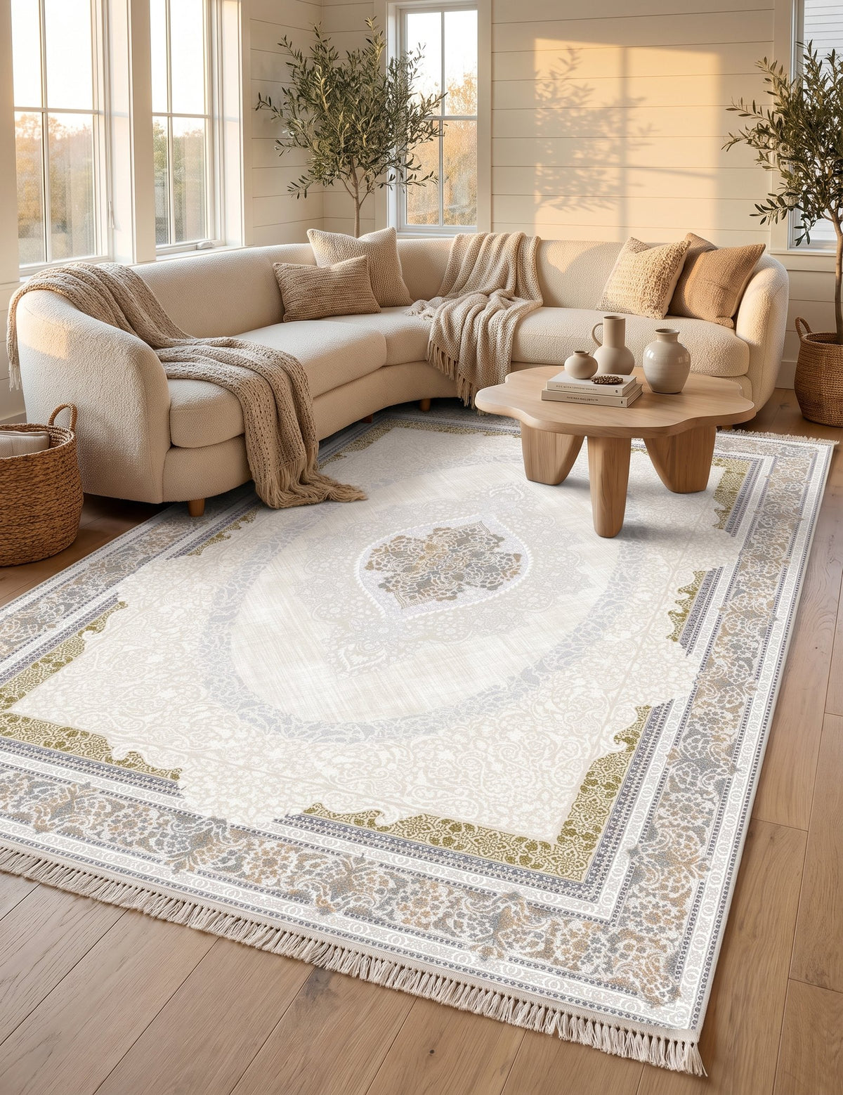 Beige Oval Medallion Persian Rug — area rug styled in a room, Stylish Rugs & Carpets, Sacramento