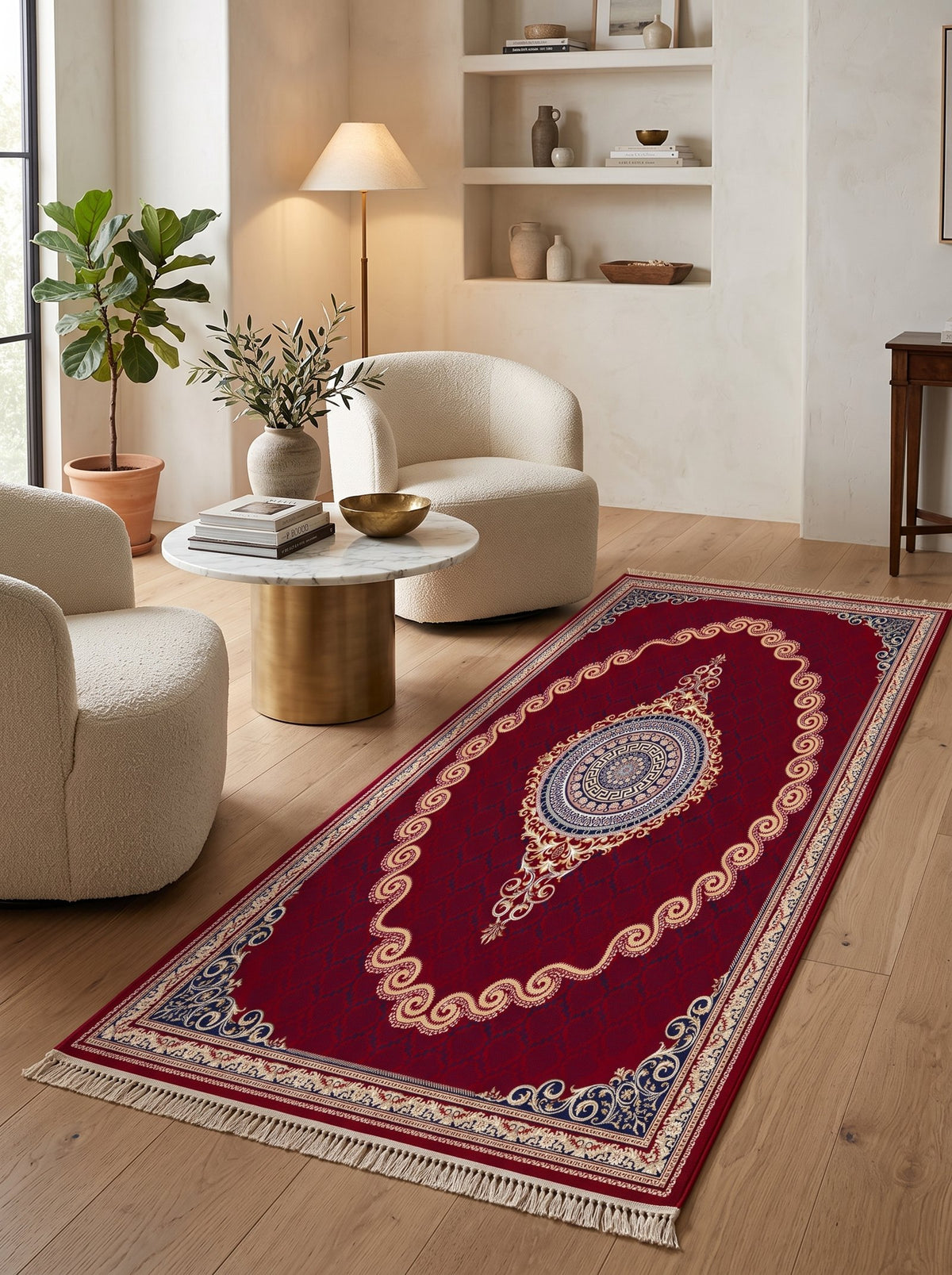 Crimson Red & Gold Scroll Persian Rug · 1200 Reeds — size 3x13 Feet (91x400 cm) 4Meters Runner shown to scale in a living room — Stylish Rugs & Carpets, Sacramento