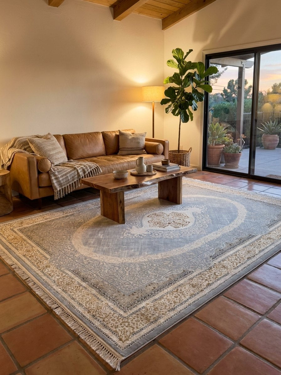 Cream & Gold Medallion Persian Rug rug styled in a Sacramento home — Stylish Rugs & Carpets