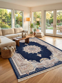 Deep Navy Ornate-Frame Persian Rug · 1200 Reeds — size 5x7.5 ft (150x230 cm) 3.5Meters shown to scale in a living room — Stylish Rugs & Carpets, Sacramento