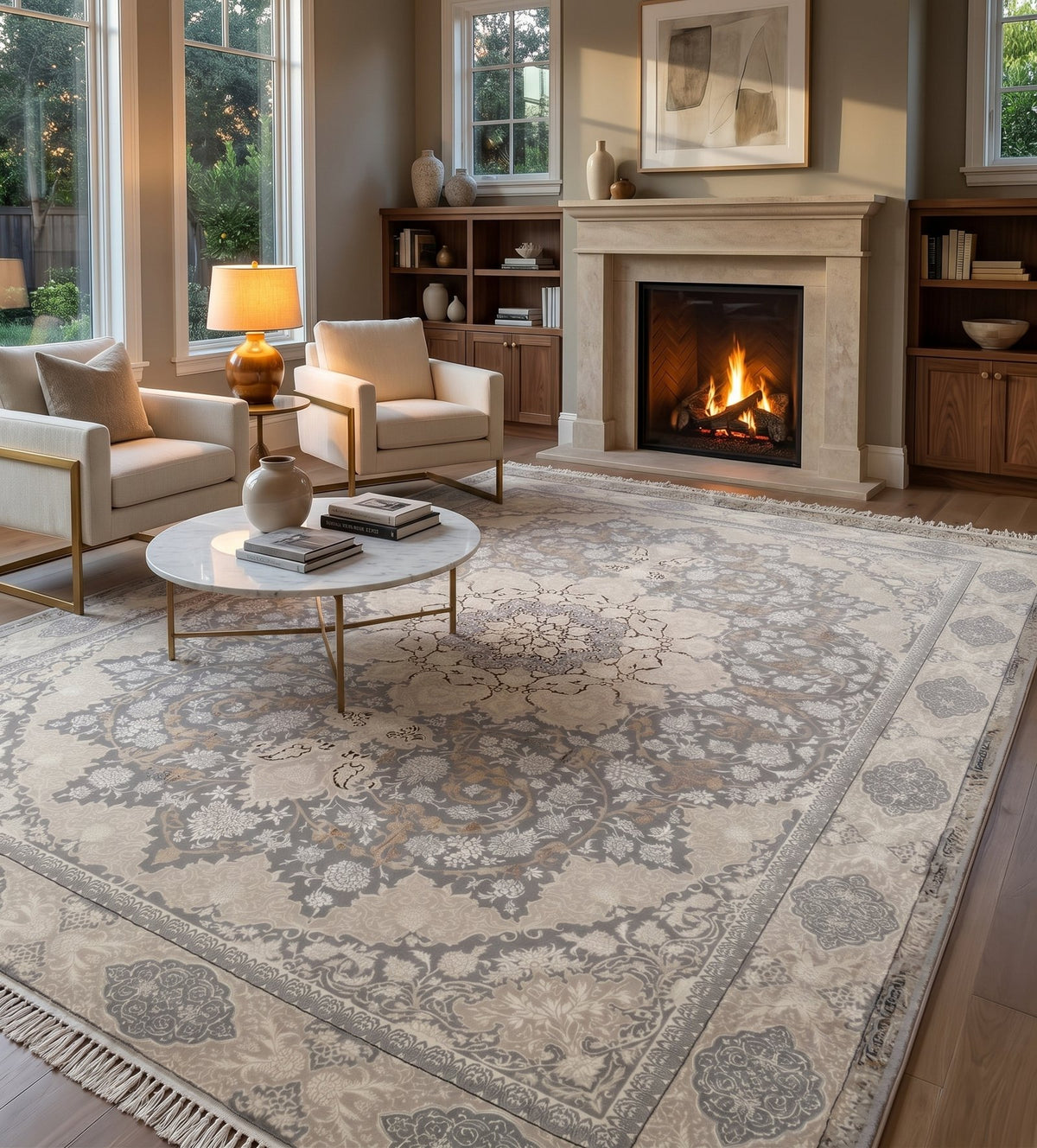 Light Gray & Gold Medallion Turkish Rug — area rug styled in a room, Stylish Rugs & Carpets, Sacramento