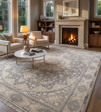 Light Gray & Gold Medallion Turkish Rug — area rug styled in a room, Stylish Rugs & Carpets, Sacramento