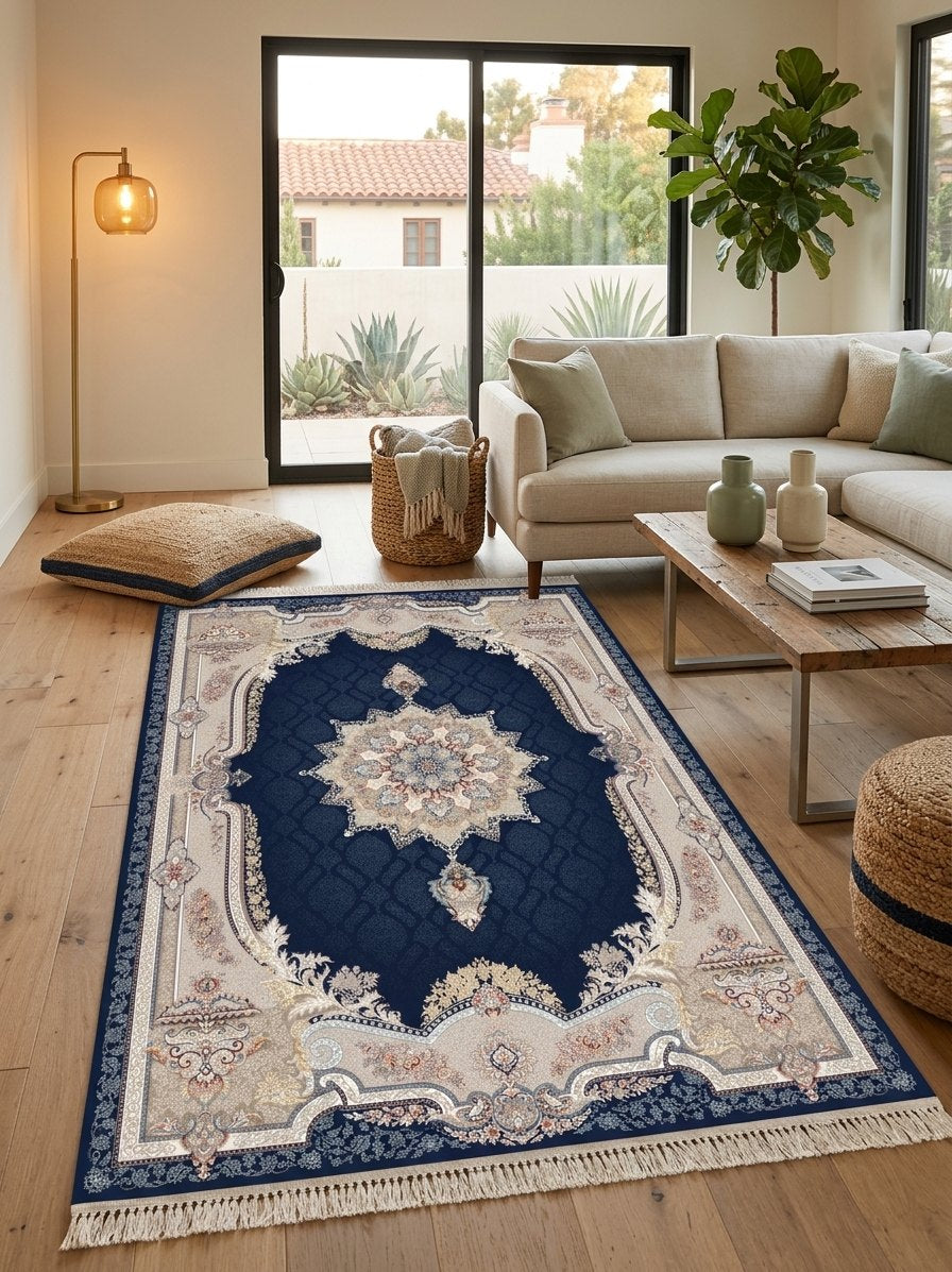 Navy Medallion Persian Rug · 1200 Reeds — size 3x13 Feet (91x400 cm) 4Meters Runner shown to scale in a living room — Stylish Rugs & Carpets, Sacramento
