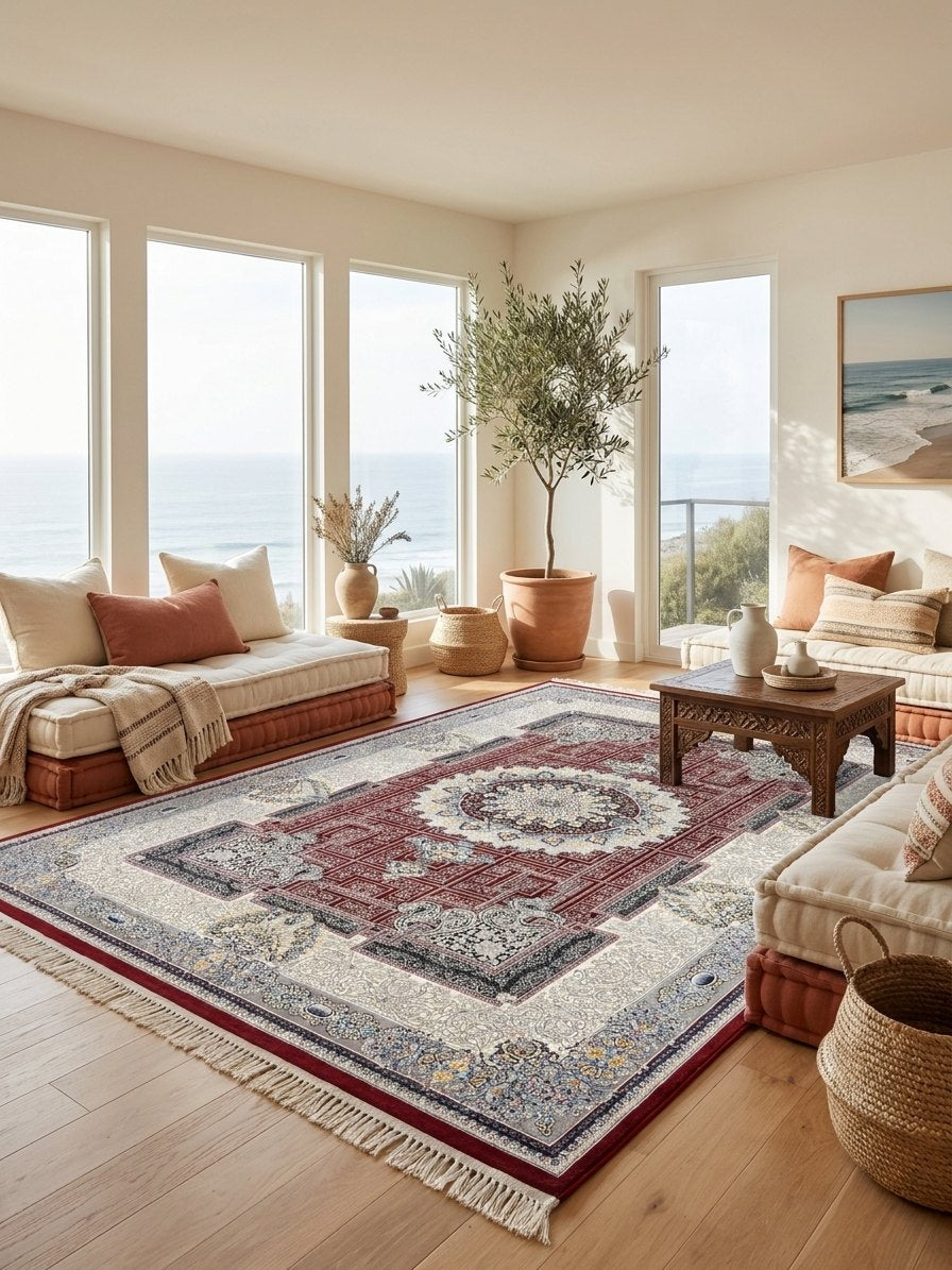 Red & Cream Medallion Persian Rug rug styled in a Sacramento home — Stylish Rugs & Carpets