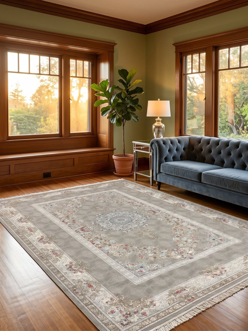 Classic Persian Carpet Medallion Light Gray Background Cream Border 2 Million Points