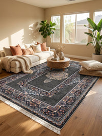 Dark Gray Medallion Persian Rug · 1200 Reeds — size 6.5x10 Feet (200x300 cm) 6Meters shown to scale in a living room — Stylish Rugs & Carpets, Sacramento