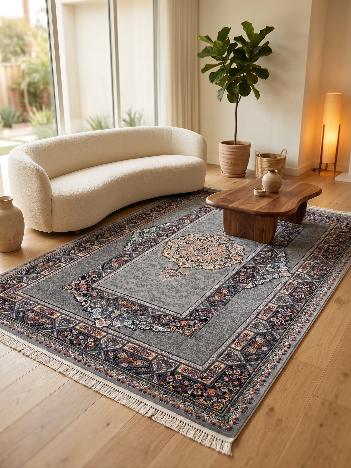 Light Gray Traditional Medallion Persian Rug · 1200 Reeds — size 6.5x10 Feet (200x300 cm) 6Meters shown to scale in a living room — Stylish Rugs & Carpets, Sacramento