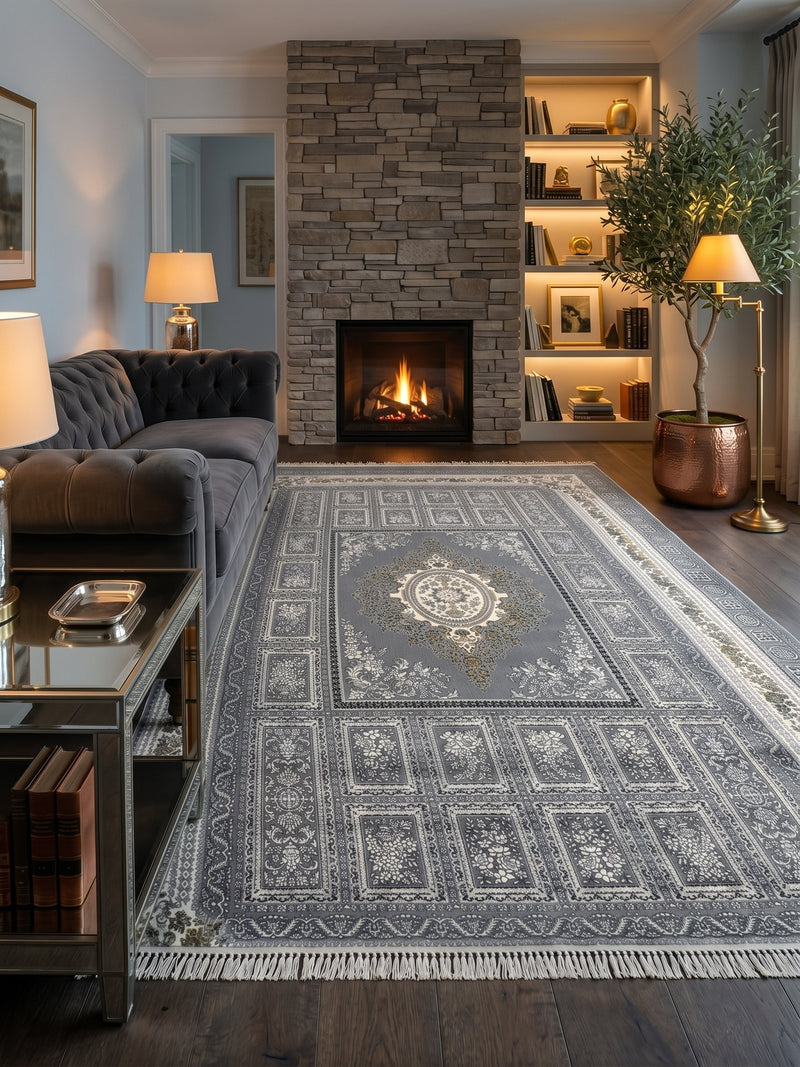 2026 Gray and Silver Luxury Traditional Medallion Rug 1200 Reeds | Stylish Rugs & Carpets