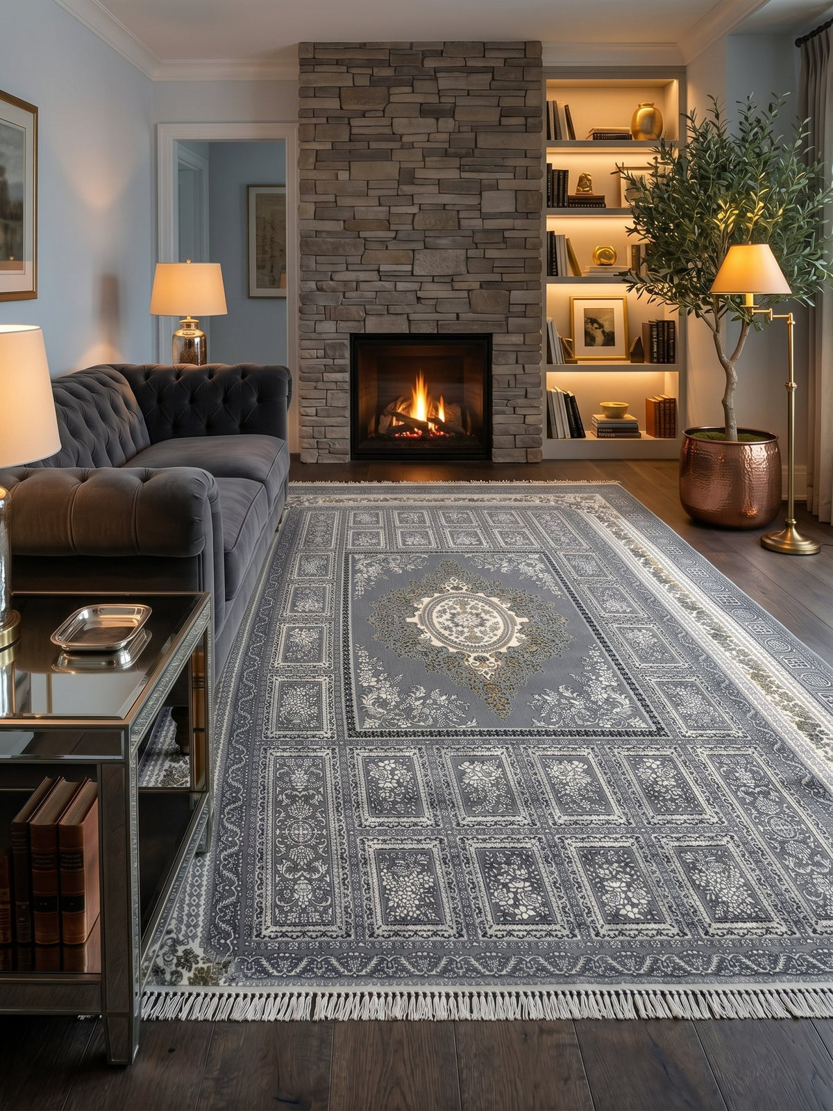 Gray & Silver Medallion Persian Rug · 1200 Reeds styled in a room — Stylish Rugs & Carpets, Sacramento