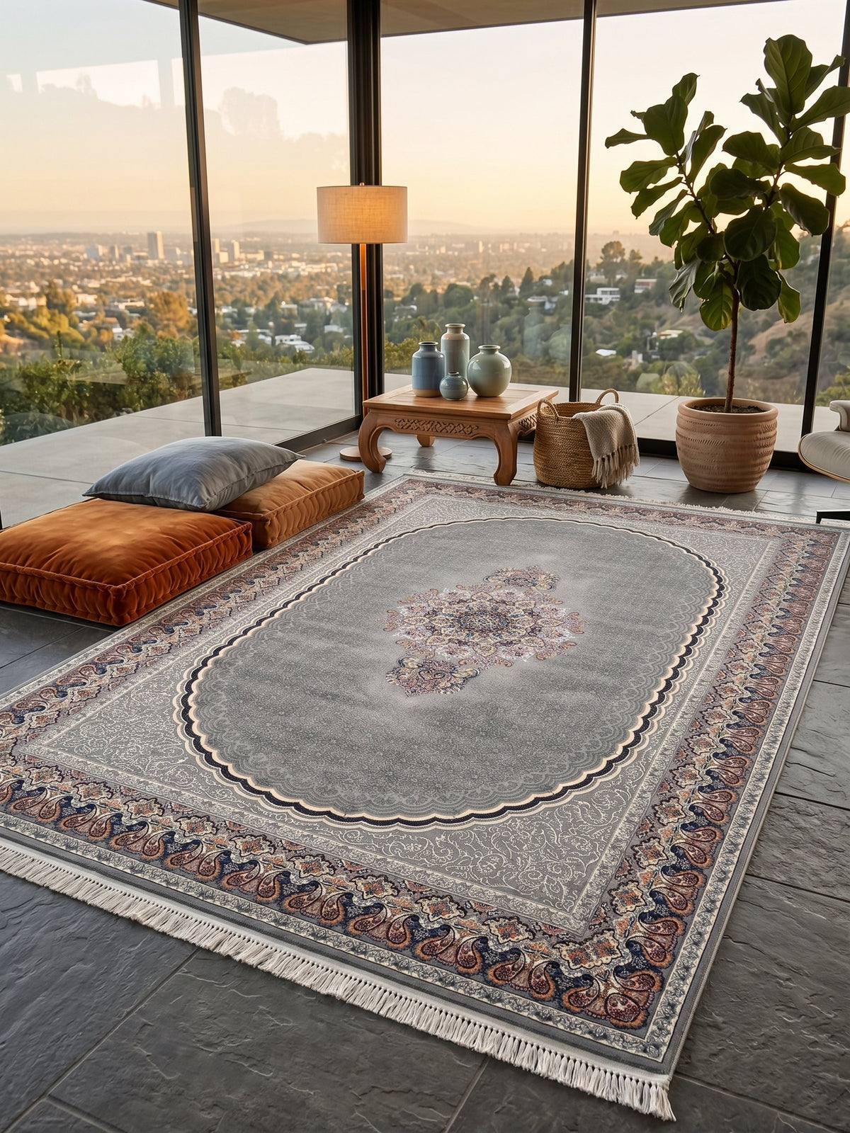 Light Gray Elegant Medallion Persian Rug · 1200 Reeds styled in a room — Stylish Rugs & Carpets, Sacramento