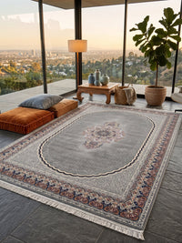 Light Gray Elegant Medallion Persian Rug · 1200 Reeds styled in a room — Stylish Rugs & Carpets, Sacramento