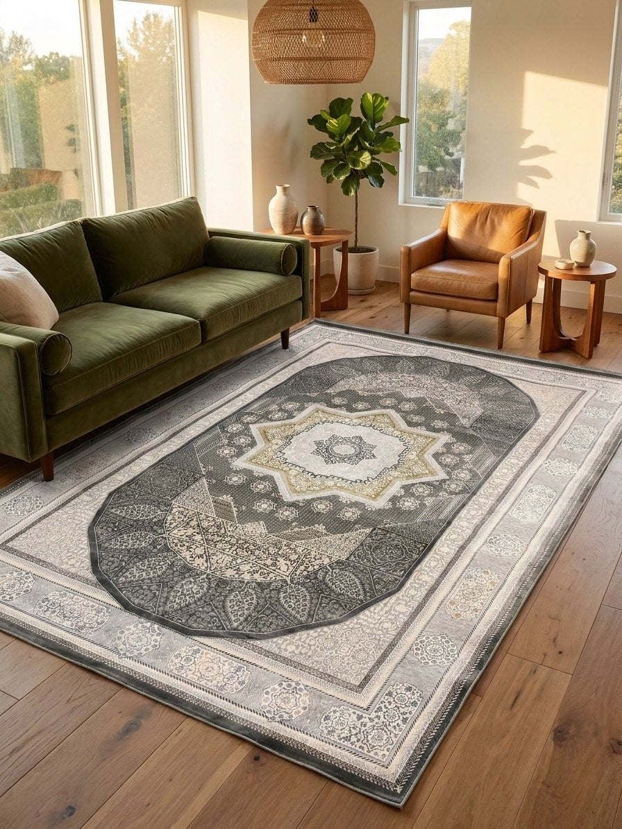 Dark Gray Panel Star Turkish Rug rug styled in a Sacramento home — Stylish Rugs & Carpets