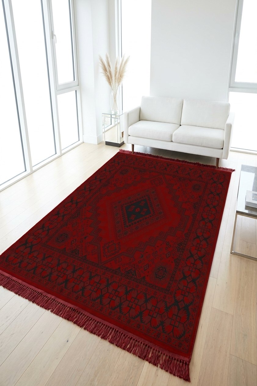 Red & Black Stepped Diamond Turkish Rug — area rug styled in a room, Stylish Rugs & Carpets, Sacramento