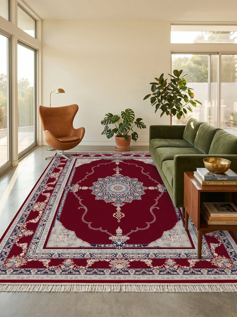 2026 Burgundy Luxury Traditional Persian Medallion Rug 1200 Reeds | Stylish Rugs & Carpets