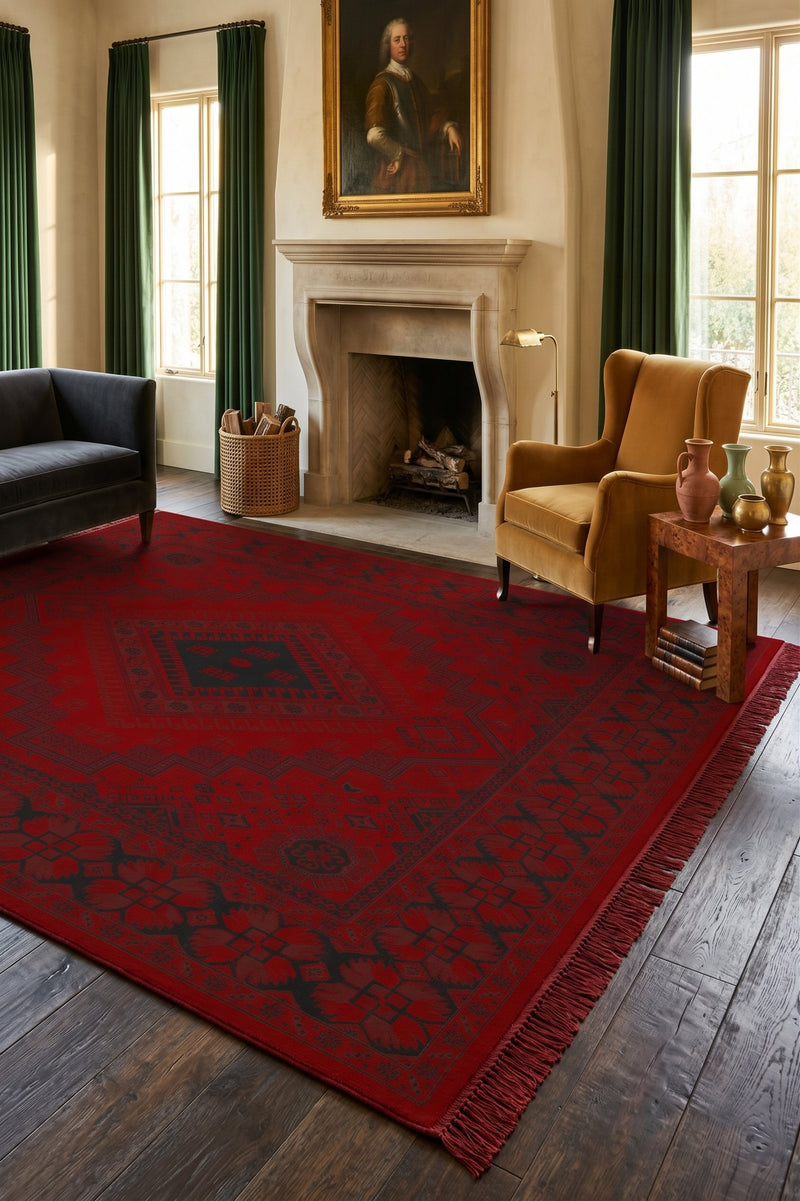 Red and black stepped diamond medallion Turkish rug, design 05365A — Stylish Rugs & Carpets, Sacramento