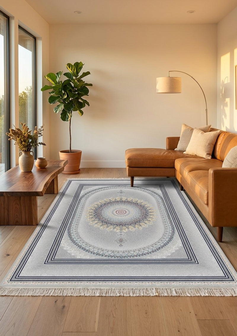2026 Luxury Persian-Inspired Traditional Rug Light Gray Oval Medallion Navy Frame 1200 Reeds