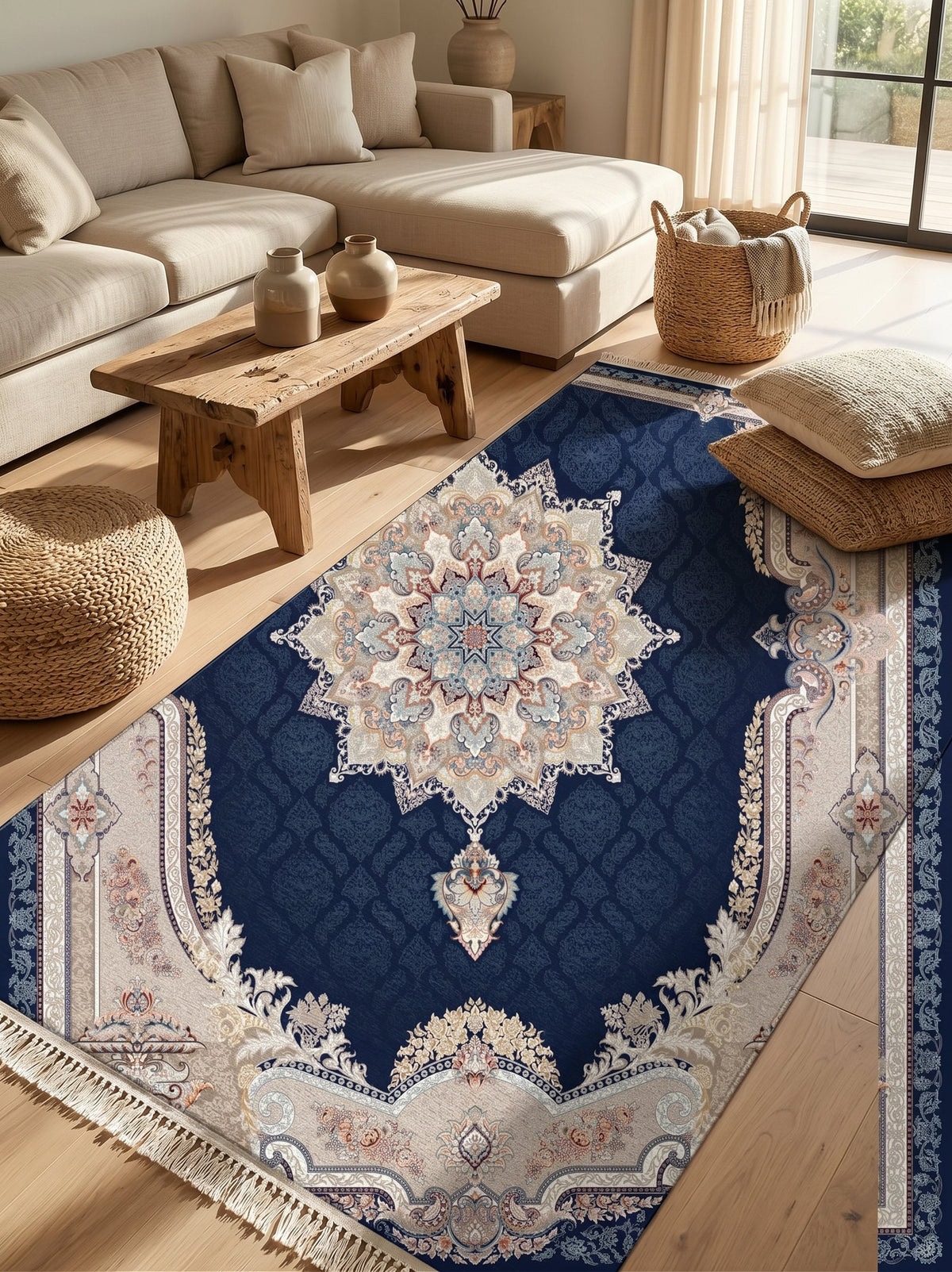 Deep Navy Ornate-Frame Persian Rug · 1200 Reeds — size 3x10Feet (91x300cm)  3Meters Runner shown to scale in a living room — Stylish Rugs & Carpets, Sacramento
