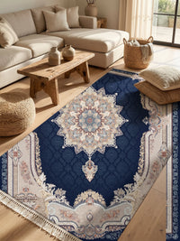 Deep Navy Ornate-Frame Persian Rug · 1200 Reeds — size 3x10Feet (91x300cm)  3Meters Runner shown to scale in a living room — Stylish Rugs & Carpets, Sacramento