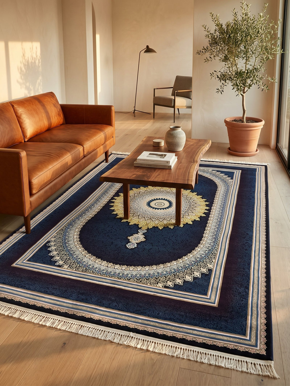 Navy & Burgundy Medallion Persian Rug · 1200 Reeds — size 6.5x10 Feet (200x300 cm) 6Meters shown to scale in a living room — Stylish Rugs & Carpets, Sacramento