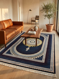 Navy & Burgundy Medallion Persian Rug · 1200 Reeds — size 6.5x10 Feet (200x300 cm) 6Meters shown to scale in a living room — Stylish Rugs & Carpets, Sacramento