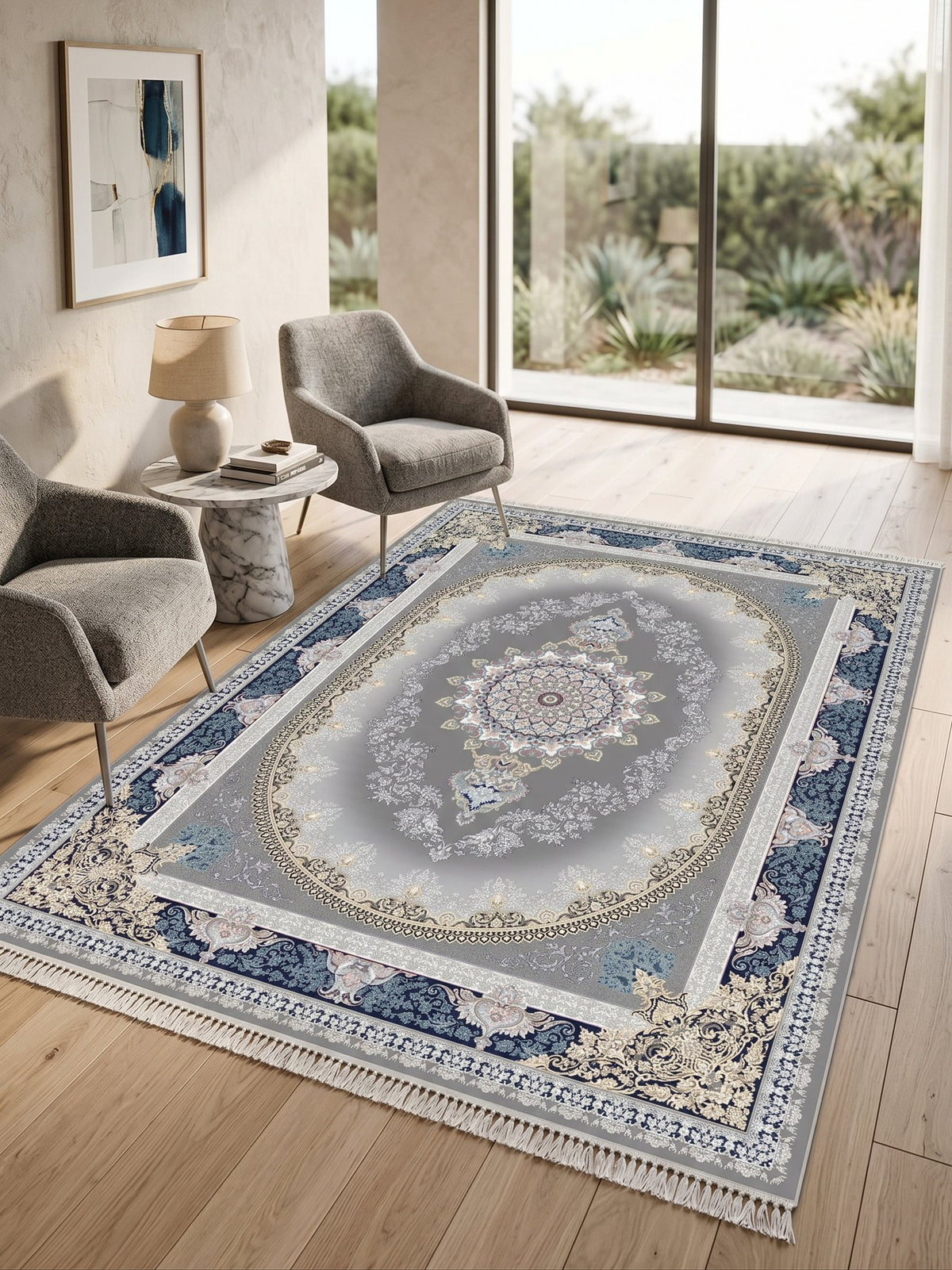 Navy-Border Oval Medallion Persian Rug · 1200 Reeds — size 5x7.5 ft (150x230 cm) 3.5Meters shown to scale in a living room — Stylish Rugs & Carpets, Sacramento
