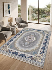 Navy-Border Oval Medallion Persian Rug · 1200 Reeds — size 5x7.5 ft (150x230 cm) 3.5Meters shown to scale in a living room — Stylish Rugs & Carpets, Sacramento