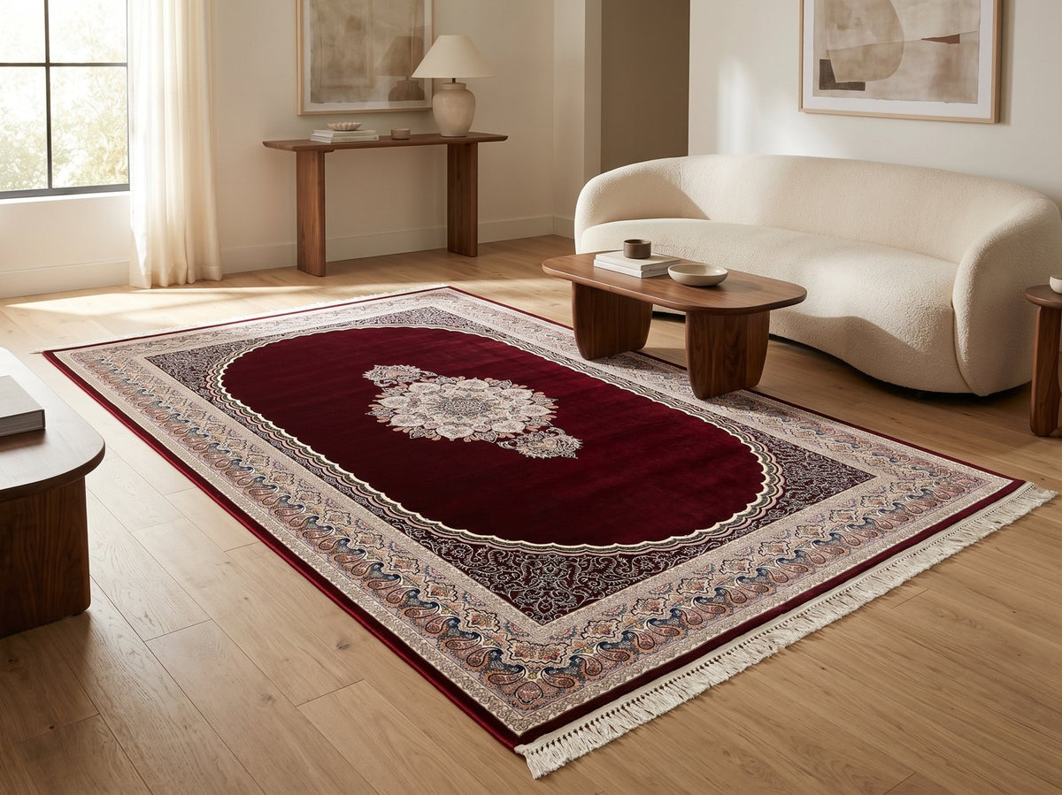 Burgundy Red Medallion Persian Rug · 1200 Reeds — size 3x13 Feet (91x400 cm) 4Meters Runner shown to scale in a living room — Stylish Rugs & Carpets, Sacramento