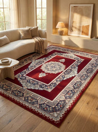 Red Medallion Persian Rug · 1200 Reeds — size 8.2x11.5 Feet (250x350 cm) 9Meters shown to scale in a living room — Stylish Rugs & Carpets, Sacramento