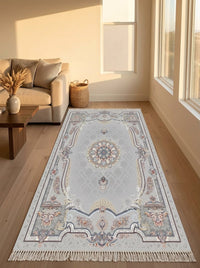 Silver Medallion Persian Rug · 1200 Reeds — size 3x10Feet (91x300cm)  3Meters Runner shown to scale in a living room — Stylish Rugs & Carpets, Sacramento