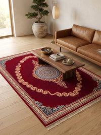 Crimson Red & Gold Scroll Persian Rug · 1200 Reeds styled in a room — Stylish Rugs & Carpets, Sacramento