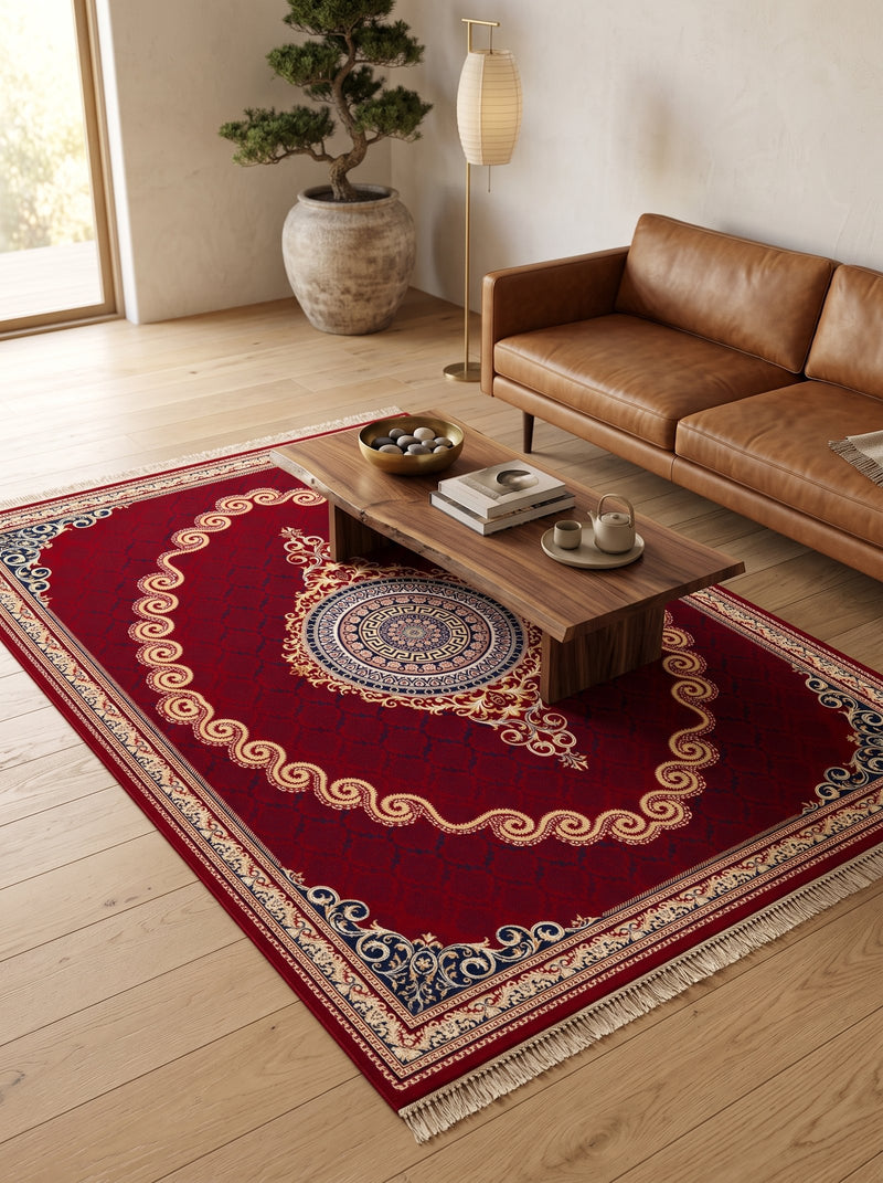 2026 Luxury Persian-Inspired Traditional Rug Classic Crimson Red and Gold Scroll Medallion 1200 Reeds