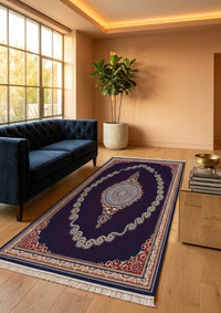 Red & Gold Scroll Persian Rug · 1200 Reeds — size 3x13 Feet (91x400 cm) 4Meters Runner shown to scale in a living room — Stylish Rugs & Carpets, Sacramento