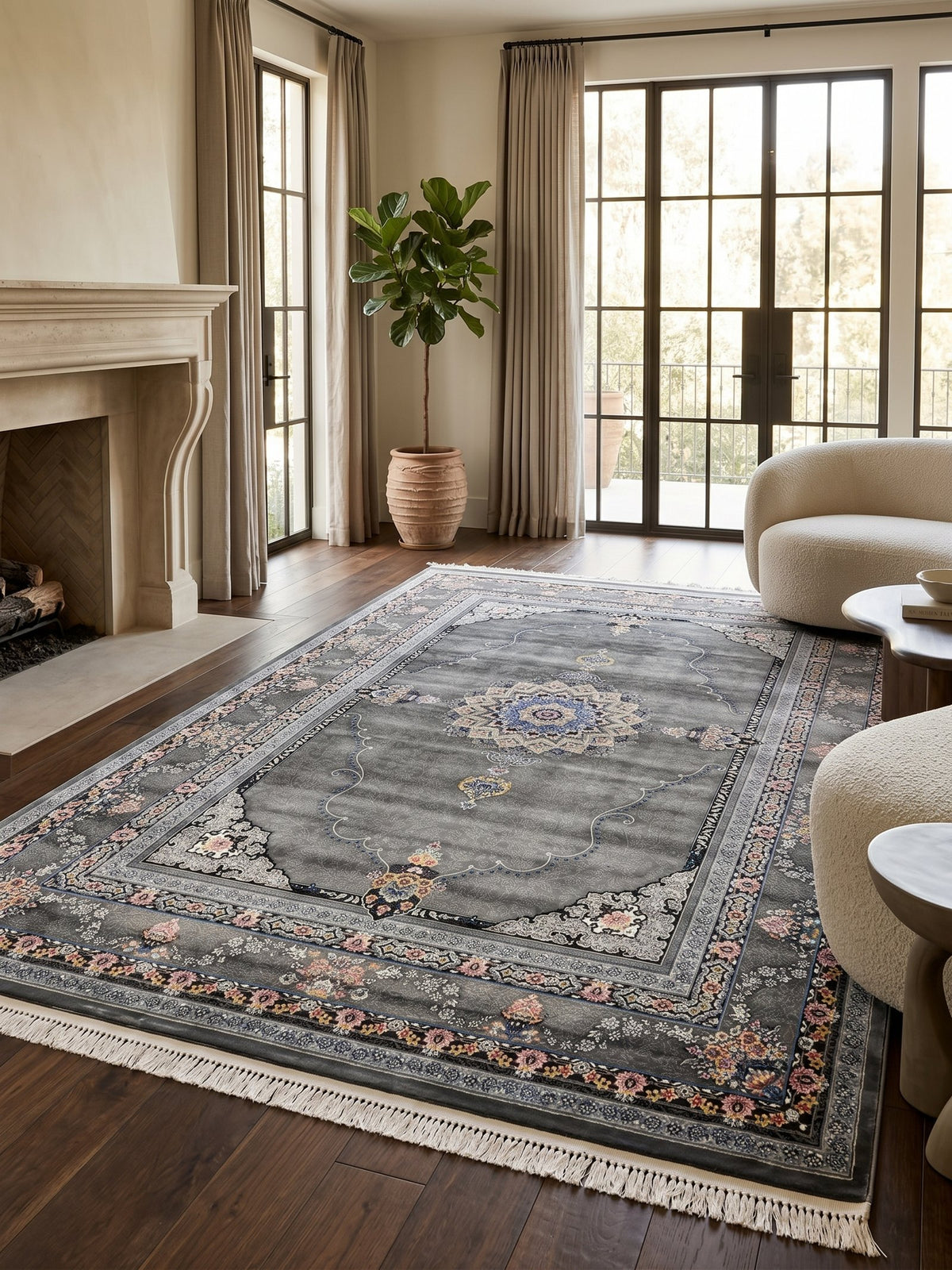 Light Gray Tabriz Medallion Persian Rug · 1200 Reeds styled in a room — Stylish Rugs & Carpets, Sacramento