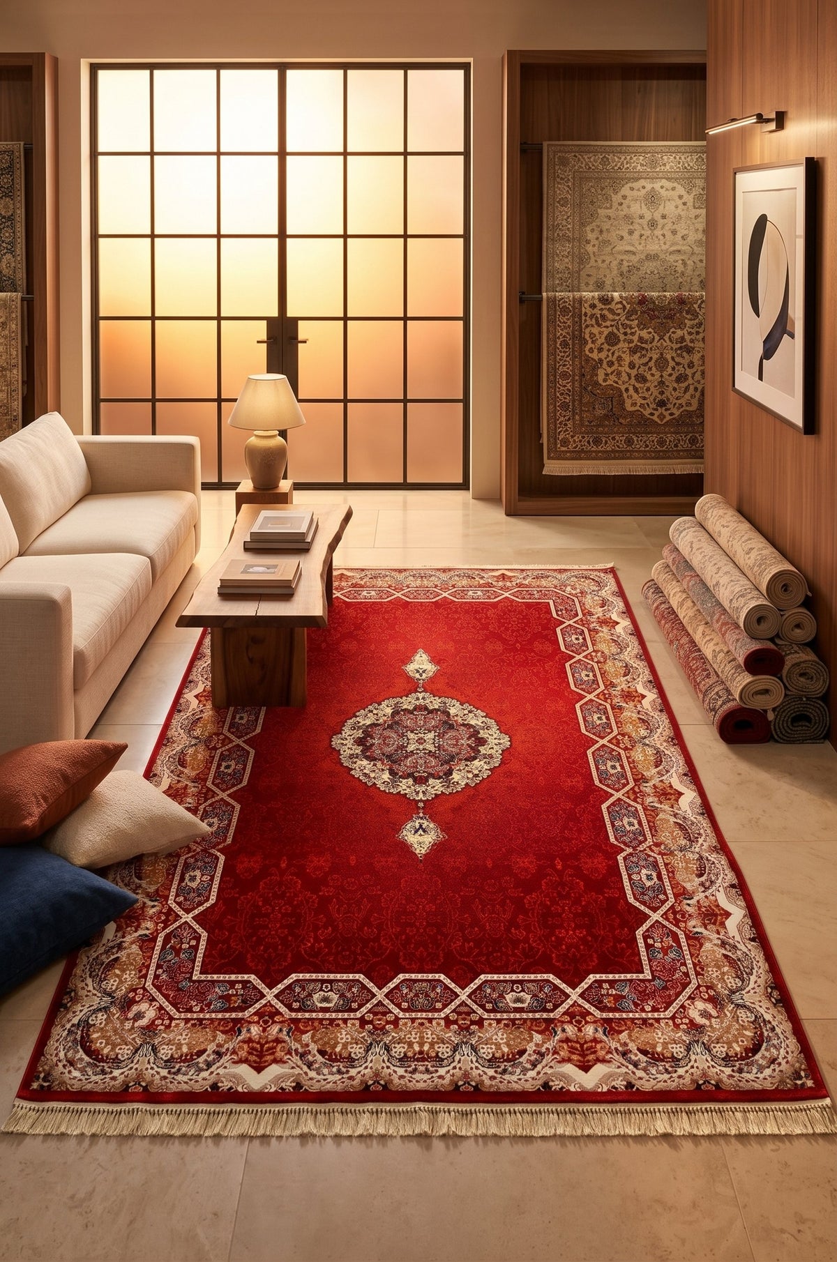 Red Bijar Medallion Persian Rug · 1200 Reeds styled in a room — Stylish Rugs & Carpets, Sacramento