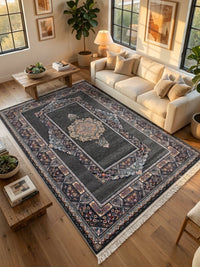 Dark Gray Medallion Persian Rug · 1200 Reeds — size 3x6Feet (91x200cm)  2Meters Runner shown to scale in a living room — Stylish Rugs & Carpets, Sacramento