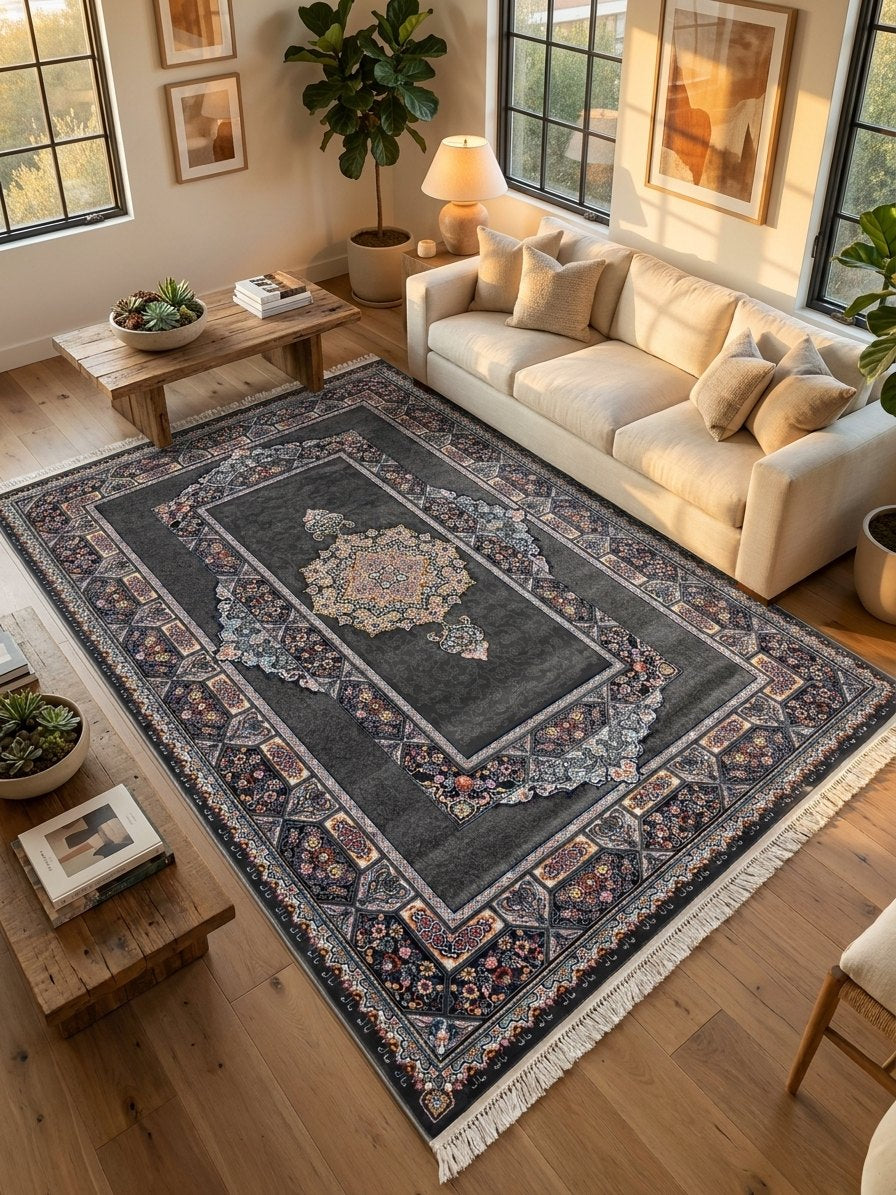 Dark Gray Medallion Persian Rug · 1200 Reeds — size 3x6Feet (91x200cm)  2Meters Runner shown to scale in a living room — Stylish Rugs & Carpets, Sacramento