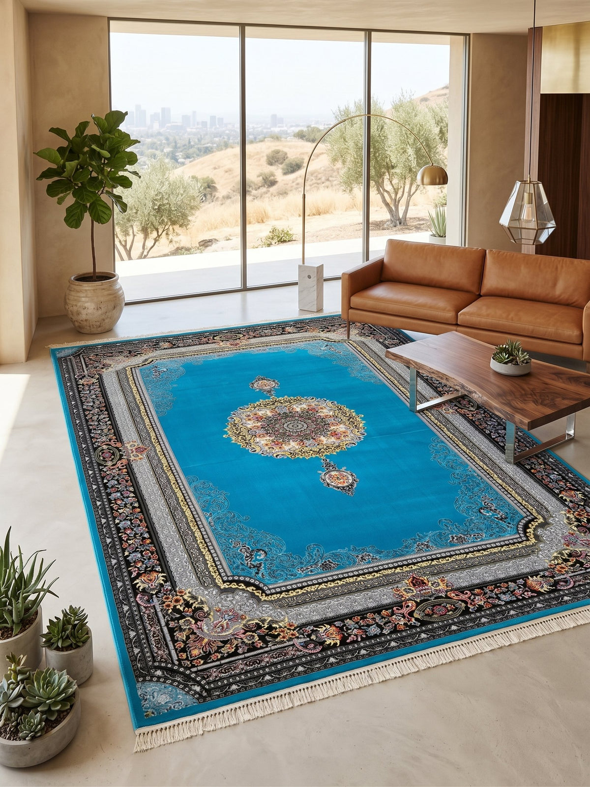 Light Blue & Gold Medallion Persian Rug styled in a room — Stylish Rugs & Carpets, Sacramento