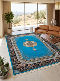 Light Blue & Gold Medallion Persian Rug styled in a room — Stylish Rugs & Carpets, Sacramento