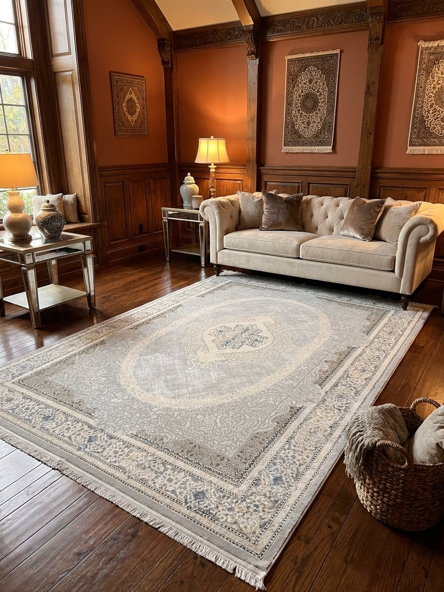Light Gray Medallion Turkish Rug rug styled in a Sacramento home — Stylish Rugs & Carpets